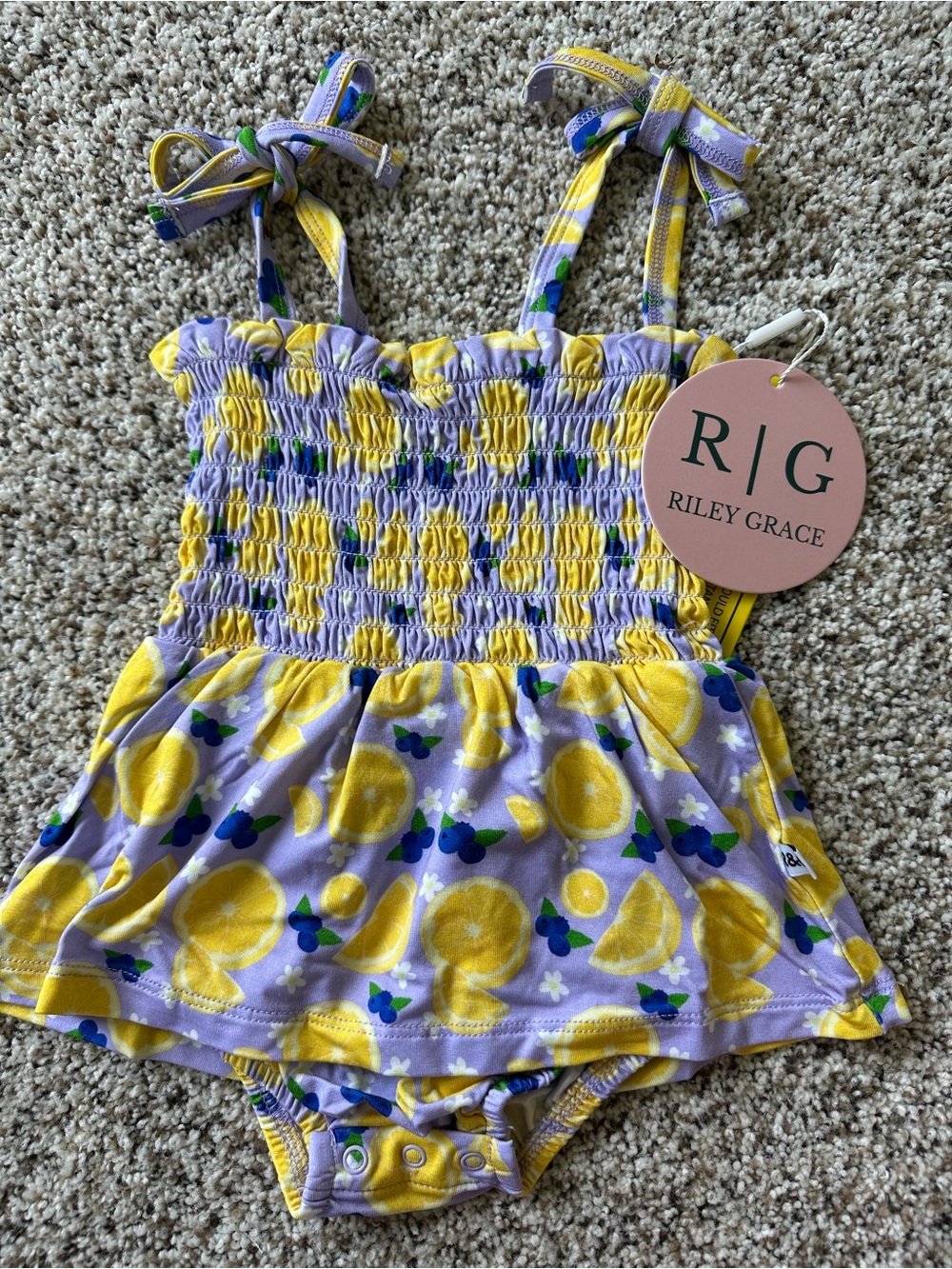 Girls' Lemon and Blueberry Print Smocked One-Piece Bamboo Bodysuit Twirl